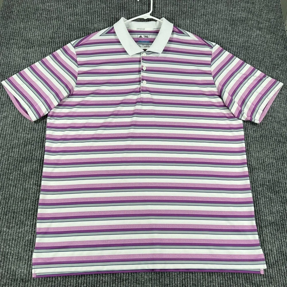Adidas Polo Shirt Mens XL Extra Large Purple Striped Short Sleeve Golf Casual
